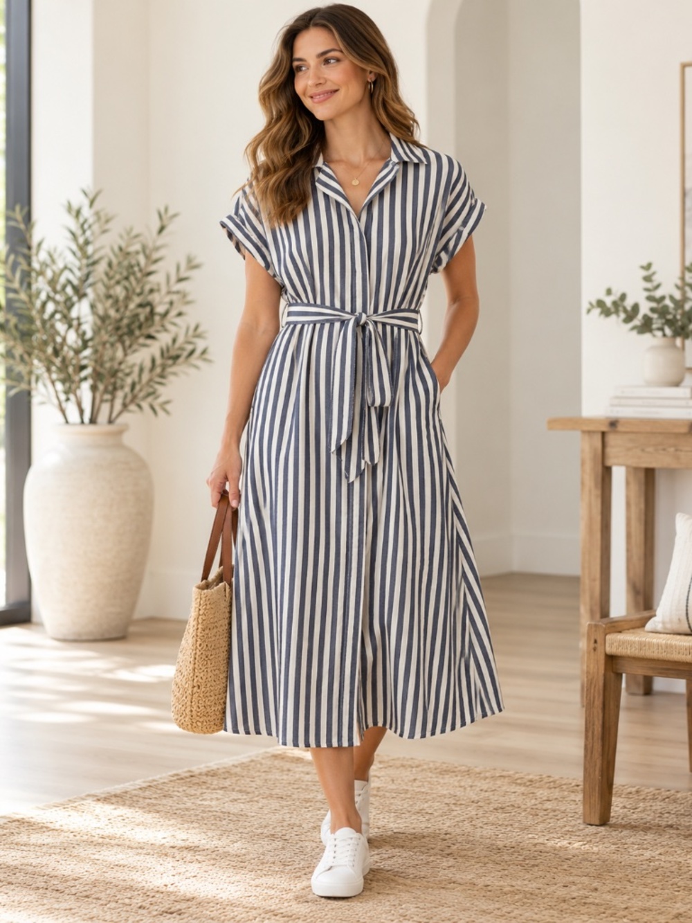 Old Navy Blue & White Striped Belted Midi Shirt Dress – Size Medium